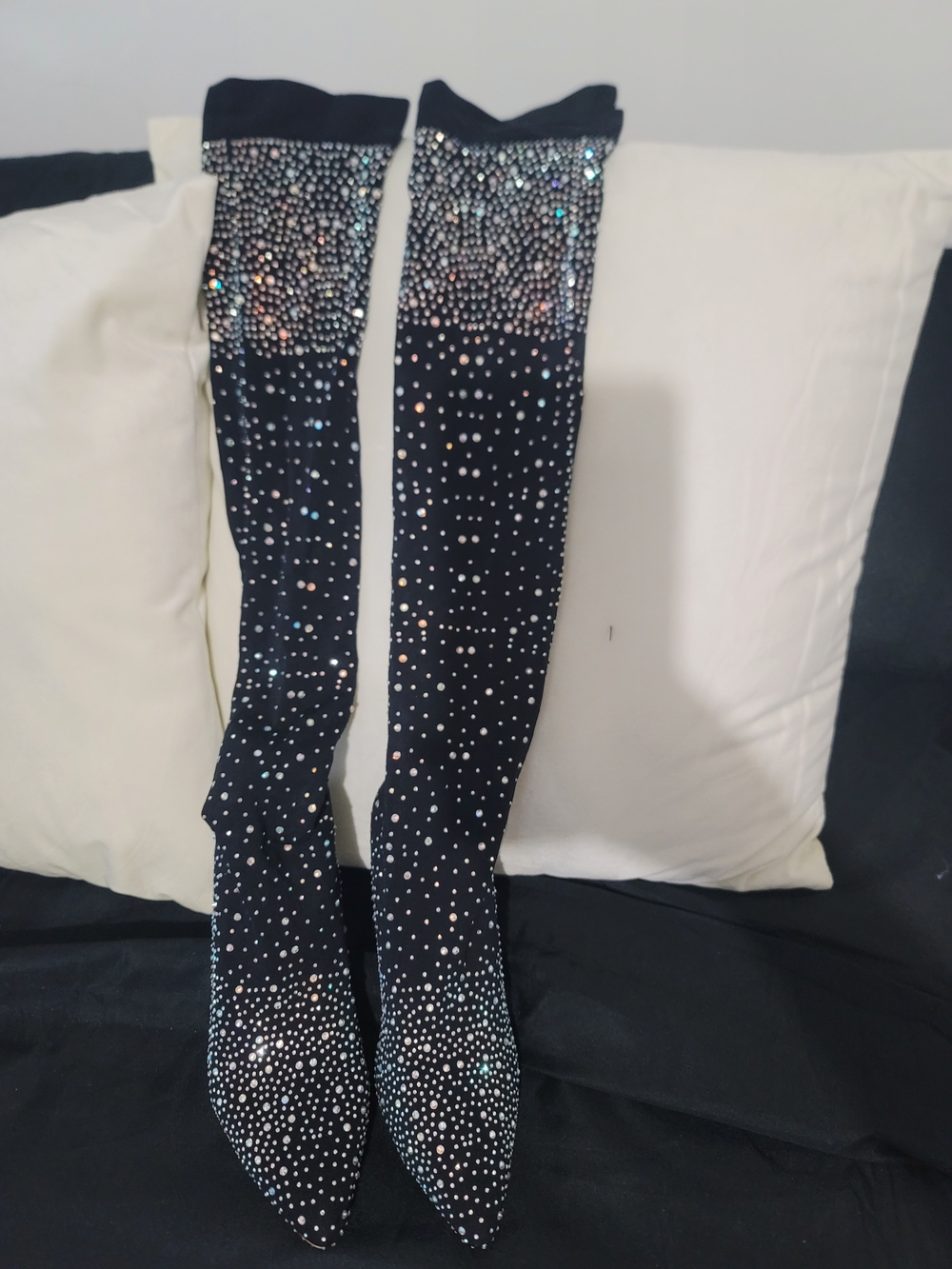 Black Embellished Over-the-Knee Boots - Sparkle Accent